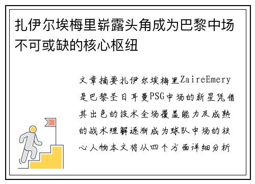 扎伊尔埃梅里崭露头角成为巴黎中场不可或缺的核心枢纽
