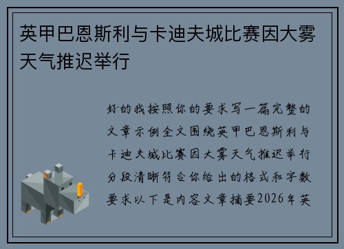 英甲巴恩斯利与卡迪夫城比赛因大雾天气推迟举行